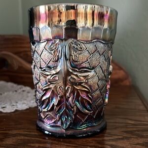 Antique Dugan Maple Leaf Amethyst Carnival Glass Tumbler, 4” tall